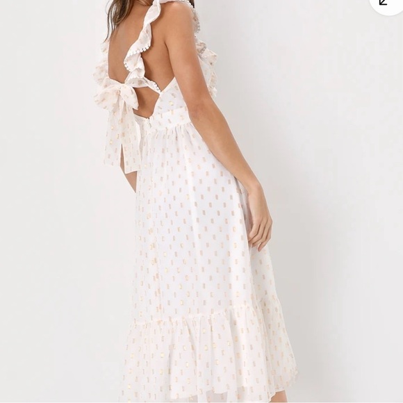 LULUS Lovely Mood White and Gold Ruffled Tiered Midi Dress - Picture 1 of 9